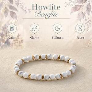 Howlite benefits - calm, clarity, stillness and pause - with the Howlite 4mm Bead Bracelet with Gold Spacers