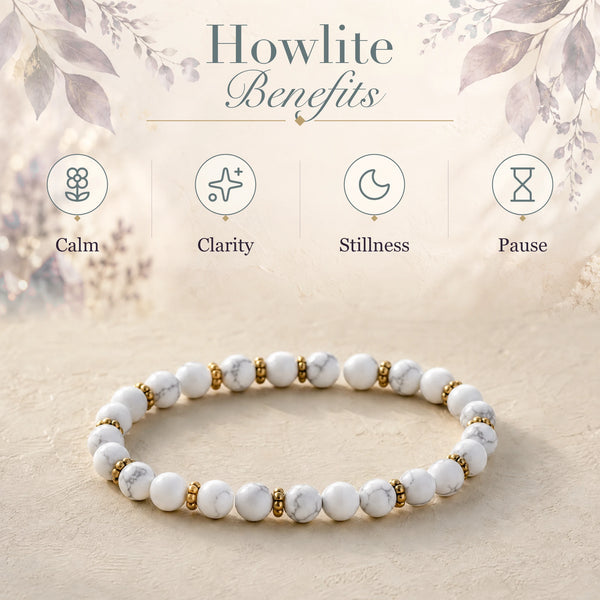 Howlite benefits - calm, clarity, stillness and pause - with the Howlite 4mm Bead Bracelet with Gold Spacers
