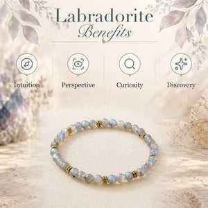 Labradorite benefits - intuition, perspective, curiosity and discovery - with the Labradorite 4mm Bead Bracelet with Gold Spacers