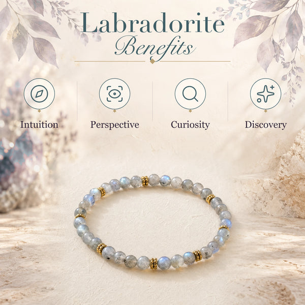 Labradorite benefits - intuition, perspective, curiosity and discovery - with the Labradorite 4mm Bead Bracelet with Gold Spacers