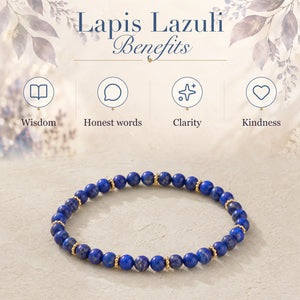 Lapis Lazuli benefits - wisdom, honest words, clarity and kindness - with the Lapis Lazuli 4mm Bead Bracelet with Gold Spacers