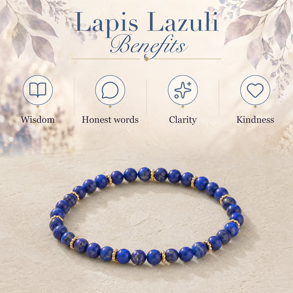 Lapis Lazuli benefits - wisdom, honest words, clarity and kindness - with the Lapis Lazuli 4mm Bead Bracelet with Gold Spacers