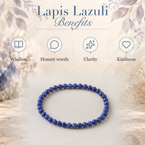 Lapis Lazuli benefits - wisdom, honest words, clarity and kindness - with the Lapis Lazuli 4mm Round Bead Bracelet