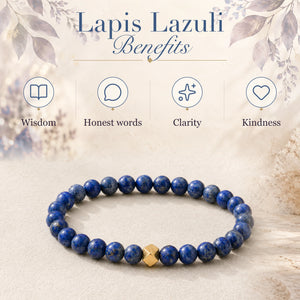 Lapis Lazuli benefits - wisdom, honest words, clarity and kindness - with the Lapis Lazuli 6mm Bead Bracelet with Gold Accent