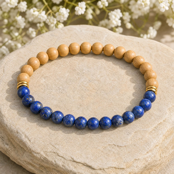 Soultheory Lapis Lazuli & Rosewood 6mm Bead Bracelet on a sandstone block with white flowers