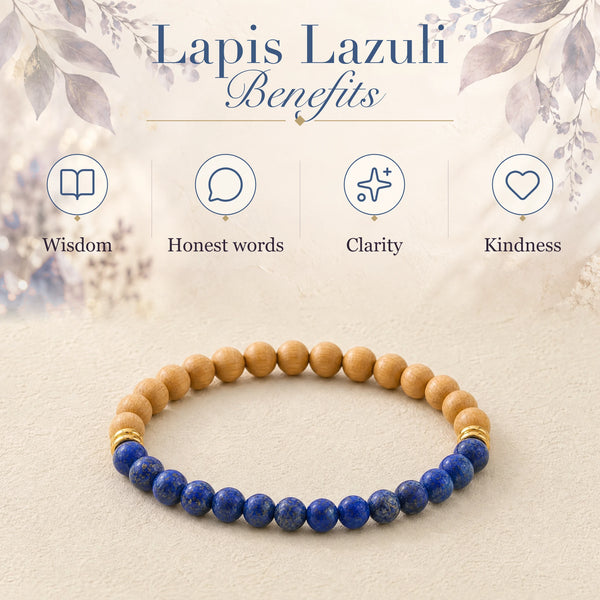 Lapis Lazuli benefits - wisdom, honest words, clarity and kindness - with the Lapis Lazuli & Rosewood 6mm Bead Bracelet