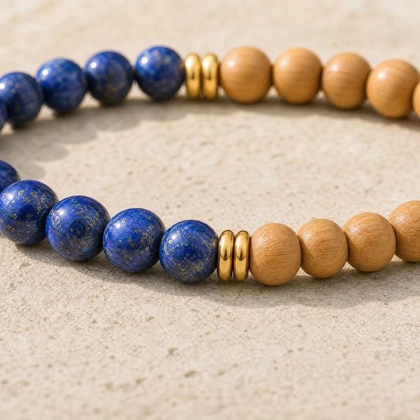 Close-up of the Lapis Lazuli & Rosewood 6mm Bead Bracelet on a pale stone surface