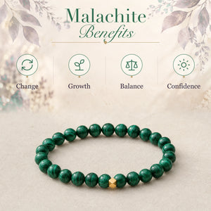 Malachite benefits - change, growth, balance and confidence - with the Malachite 6mm Bead Bracelet with Gold Accent