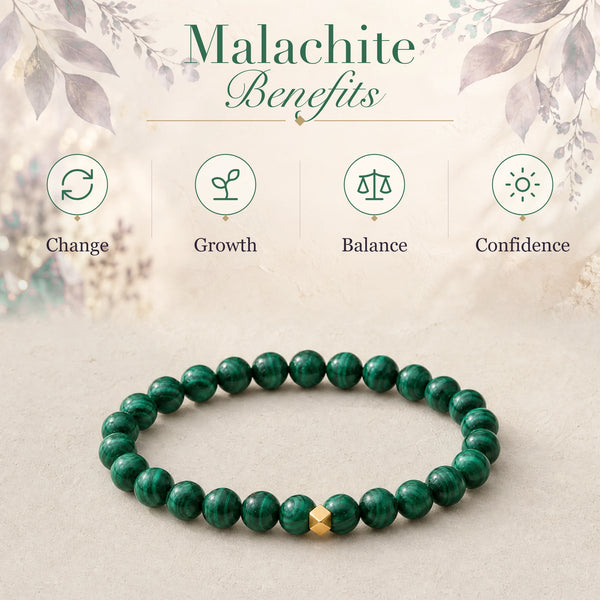 Malachite benefits - change, growth, balance and confidence - with the Malachite 6mm Bead Bracelet with Gold Accent
