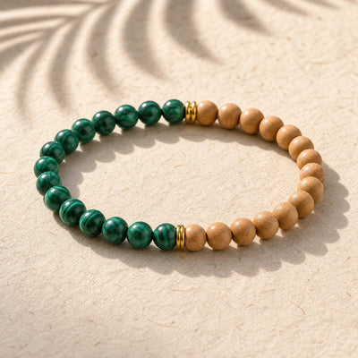 Soultheory Malachite & Rosewood 6mm Bead Bracelet on cream handmade paper