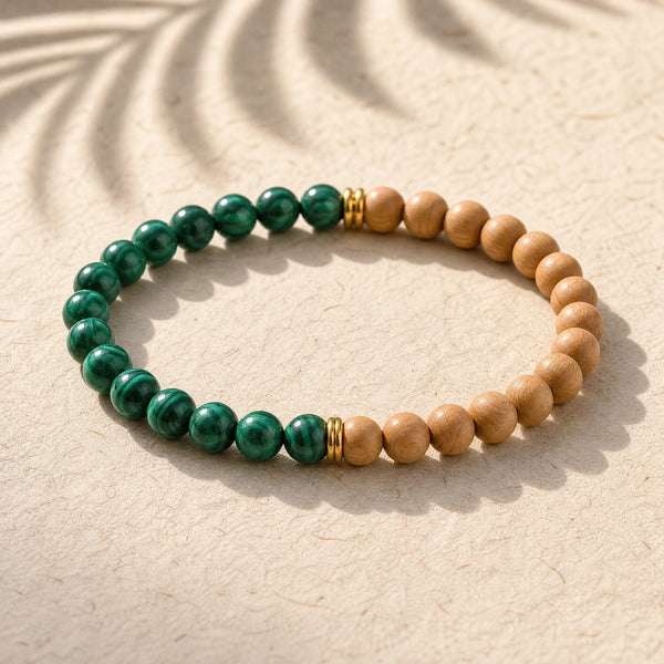 Soultheory Malachite & Rosewood 6mm Bead Bracelet on cream handmade paper