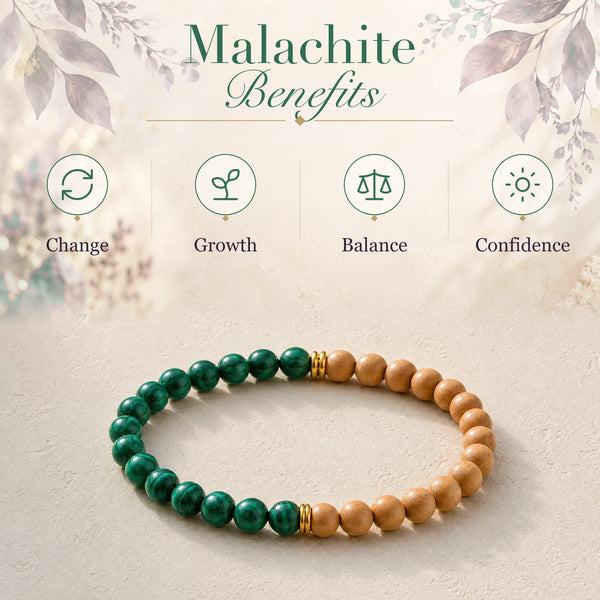 Malachite benefits - change, growth, balance and confidence - with the Malachite & Rosewood 6mm Bead Bracelet