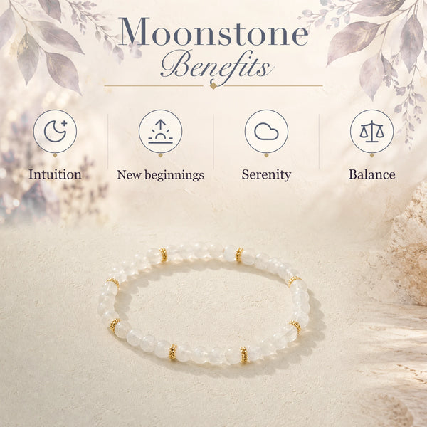 Moonstone benefits - intuition, new beginnings, serenity and balance - with the Moonstone 4mm Bead Bracelet with Gold Spacers