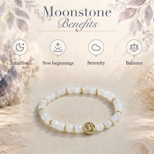 Moonstone benefits - intuition, new beginnings, serenity and balance - with the Moonstone 4mm Bracelet with Om Charm
