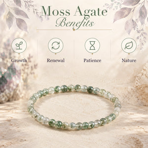 Moss Agate benefits - growth, renewal, patience and nature - with the Moss Agate 4mm Round Bead Bracelet