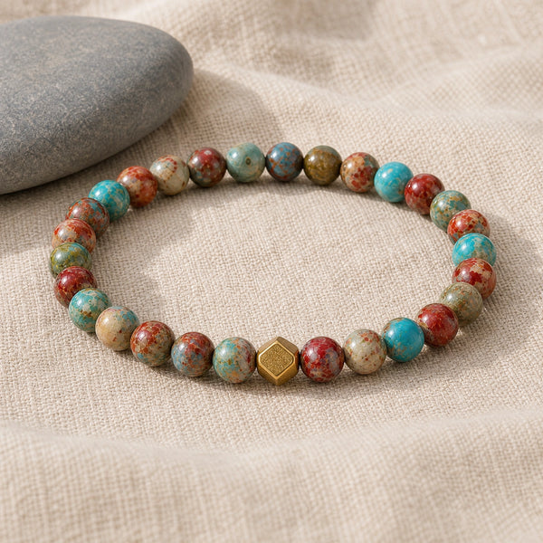 Soultheory Multi Imperial Jasper 6mm Bead Bracelet with Gold Accent on beige linen beside a river pebble