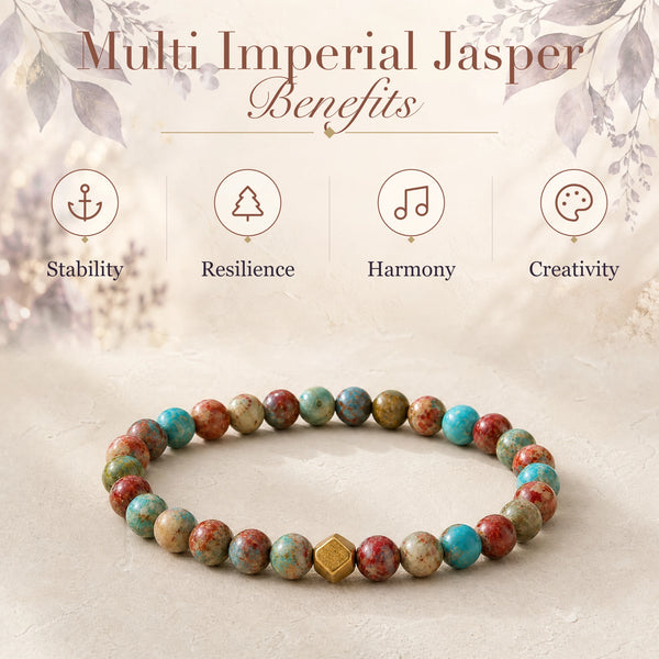 Multi Imperial Jasper benefits - stability, resilience, harmony and creativity - with the Multi Imperial Jasper 6mm Bead Bracelet with Gold Accent