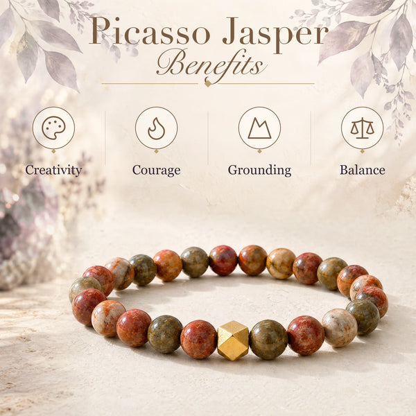 Picasso Jasper benefits - creativity, courage, grounding and balance - with the Picasso Jasper 6mm Bead Bracelet with Gold Accent