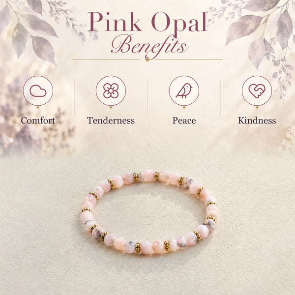 Pink Opal benefits - comfort, tenderness, peace and kindness - with the Pink Opal 4mm Bead Bracelet with Gold Spacers