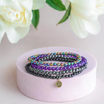 Protection Bracelet Stack - Rainbow Hematite, Hematite, Black Tourmaline & Amethyst (Set of 4)