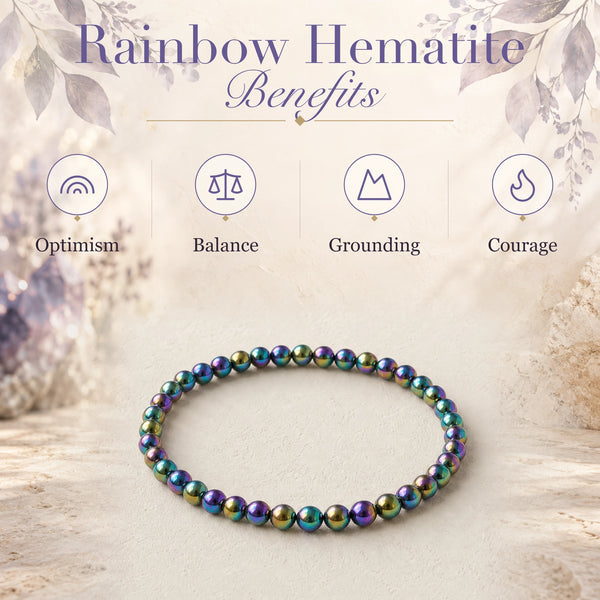 Rainbow Hematite benefits - optimism, balance, grounding and courage - with the Rainbow Hematite 4mm Bead Bracelet