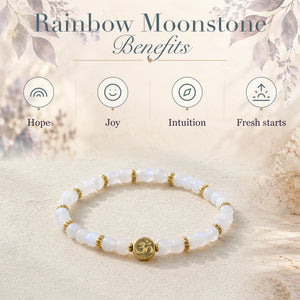 Rainbow Moonstone benefits - hope, joy, intuition and fresh starts - with the Rainbow Moonstone 4mm Bracelet with Om Charm
