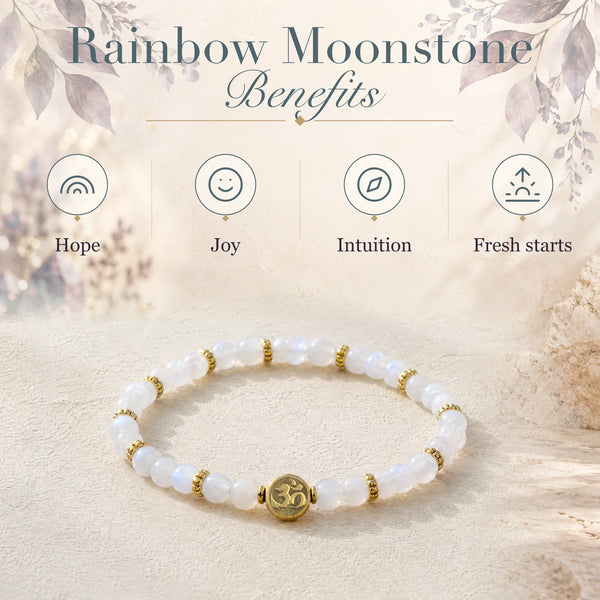 Rainbow Moonstone benefits - hope, joy, intuition and fresh starts - with the Rainbow Moonstone 4mm Bracelet with Om Charm