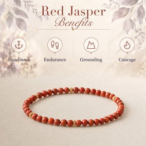 Red Jasper benefits - steadiness, endurance, grounding and courage - with the Red Jasper 4mm Bead Bracelet with Gold Spacers