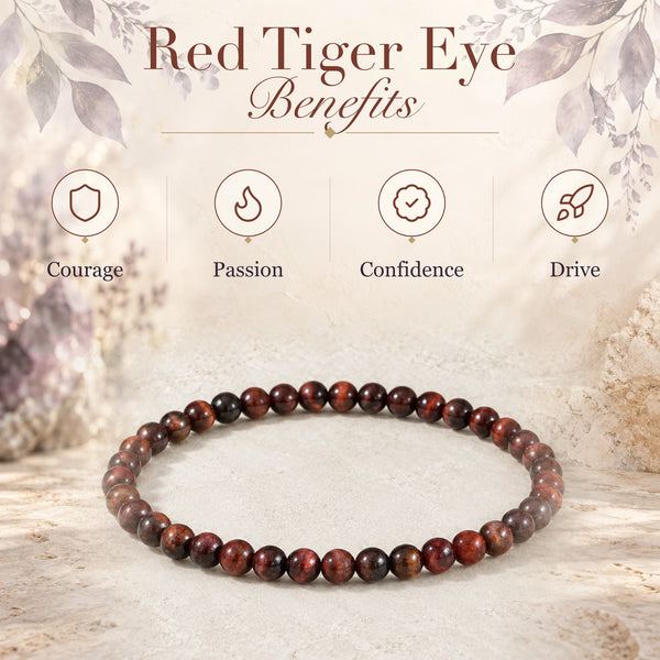 Red Tiger Eye benefits - courage, passion, confidence and drive - with the Red Tiger Eye 4mm Round Bead Bracelet