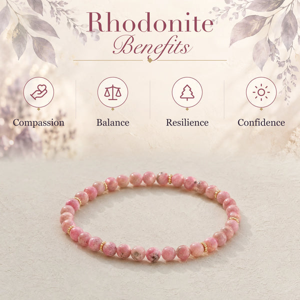 Rhodonite benefits - compassion, balance, resilience and confidence - with the Rhodonite 4mm Bead Bracelet with Gold Spacers