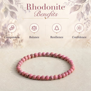 Rhodonite benefits - compassion, balance, resilience and confidence - with the Rhodonite 4mm Round Bead Bracelet