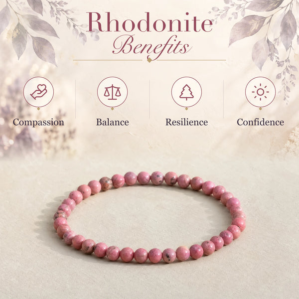 Rhodonite benefits - compassion, balance, resilience and confidence - with the Rhodonite 4mm Round Bead Bracelet
