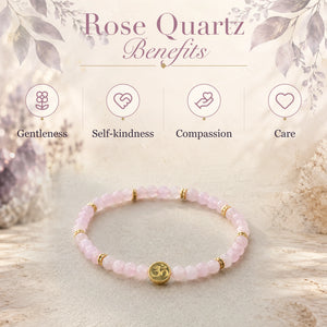 Rose Quartz benefits - gentleness, self-kindness, compassion and care - with the Rose Quartz 4mm Bracelet with Om Charm