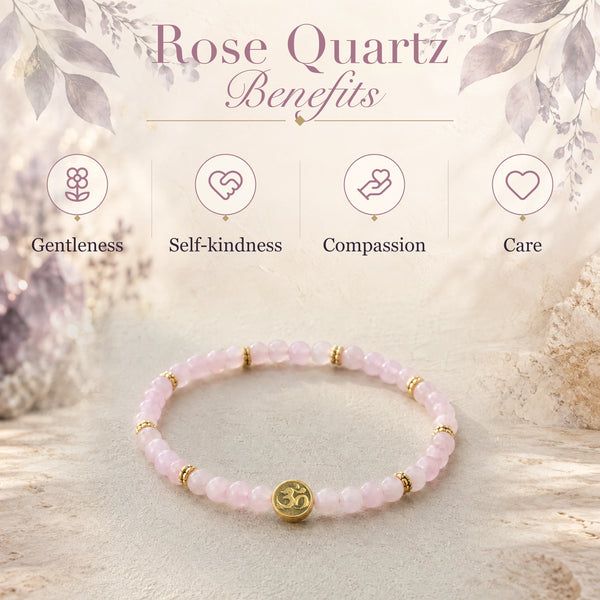 Rose Quartz benefits - gentleness, self-kindness, compassion and care - with the Rose Quartz 4mm Bracelet with Om Charm