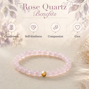 Rose Quartz benefits - gentleness, self-kindness, compassion and care - with the Rose Quartz 6mm Bead Bracelet with Gold Accent