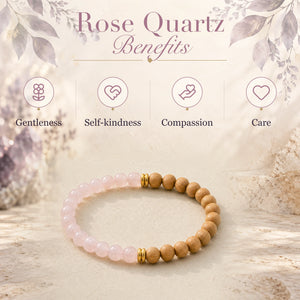 Rose Quartz benefits - gentleness, self-kindness, compassion and care - with the Rose Quartz & Rosewood 6mm Bead Bracelet
