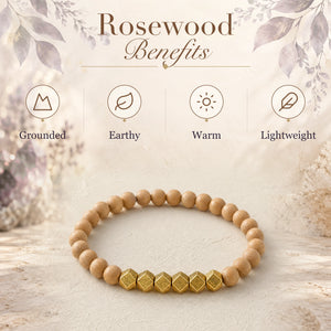 Rosewood benefits - grounded, earthy, warm and lightweight - with the Rosewood 6mm Bead Bracelet with Gold Accents