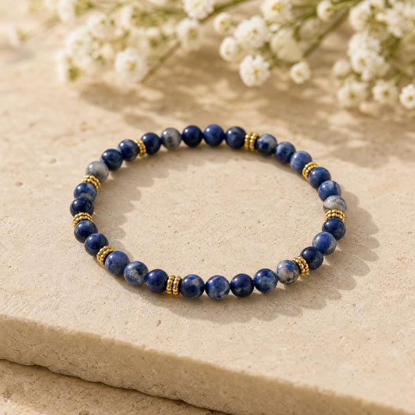 Soultheory Sodalite 4mm Bead Bracelet with Gold Spacers on a sandstone block with white flowers