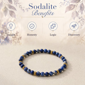 Sodalite benefits - insight, honesty, logic and discovery - with the Sodalite 4mm Bead Bracelet with Gold Spacers