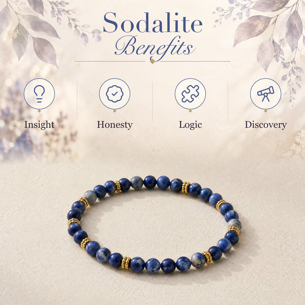 Sodalite benefits - insight, honesty, logic and discovery - with the Sodalite 4mm Bead Bracelet with Gold Spacers