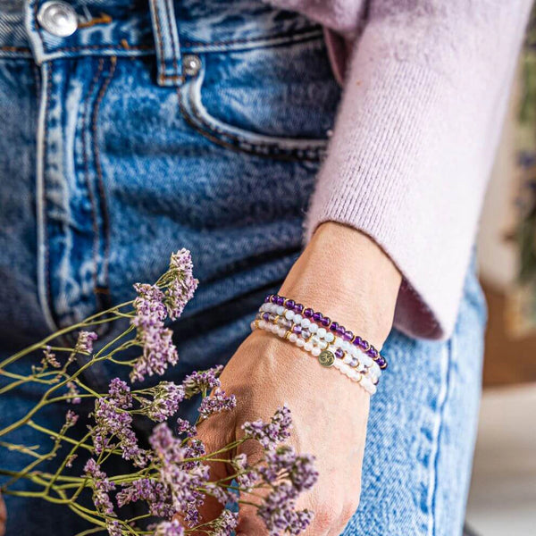 Soultheory Soothe four-bracelet crystal stack, fine 4 mm worn photograph