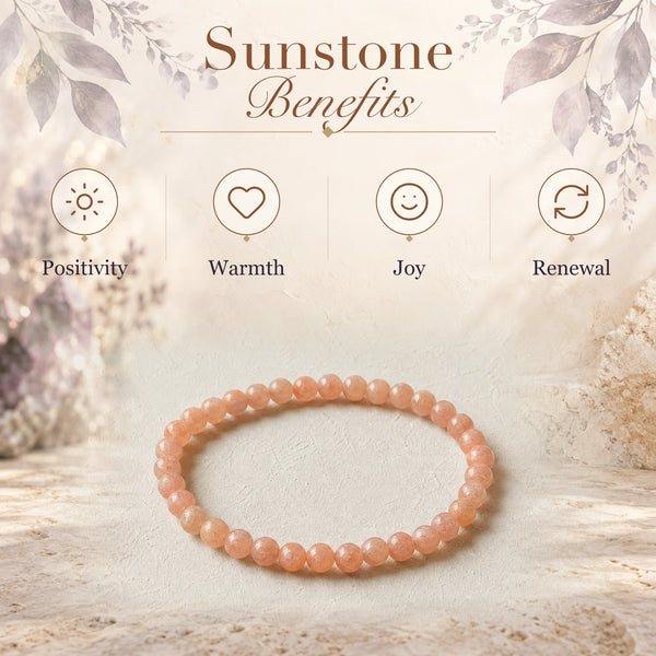 Sunstone benefits - positivity, warmth, joy and renewal - with the Sunstone 4mm Round Bead Bracelet