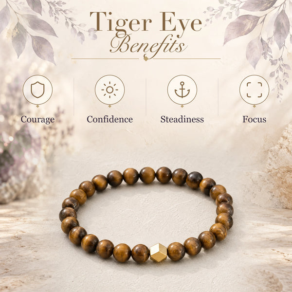 Tiger Eye benefits - courage, confidence, steadiness and focus - with the Tiger Eye 6mm Bead Bracelet with Gold Accent