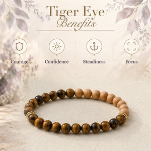 Tiger Eye benefits - courage, confidence, steadiness and focus - with the Tiger Eye & Rosewood 6mm Bead Bracelet