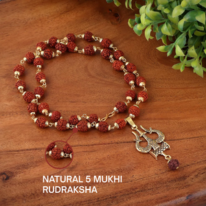 Gold Plated Rudraksha Trishool Necklace — worn on wrist