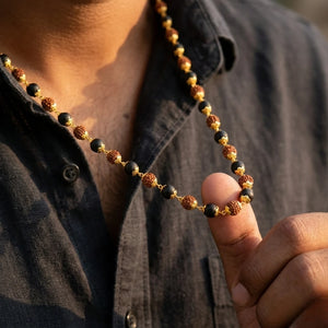 Karungali Rudraksha Malai Gold Silver Cap Plated Necklace — detail view