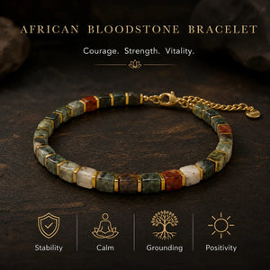 African bloodstone bracelet benefits infographic showing stability, calm, grounding and positivity