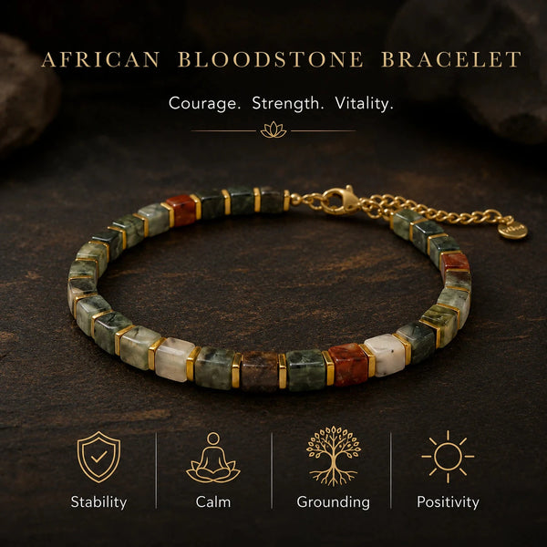 African bloodstone bracelet benefits infographic showing stability, calm, grounding and positivity