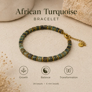 African turquoise bracelet benefits infographic showing growth, balance and transformation