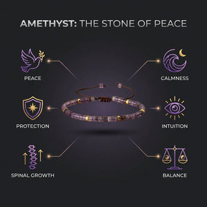 Infographic showing amethyst bracelet benefits including peace, calmness, protection and balance